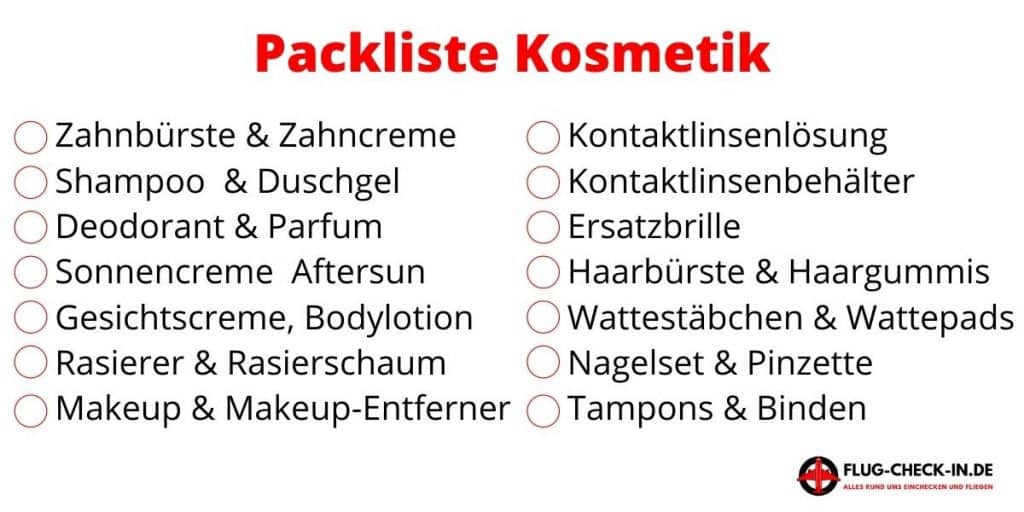 Cosmetics packing list